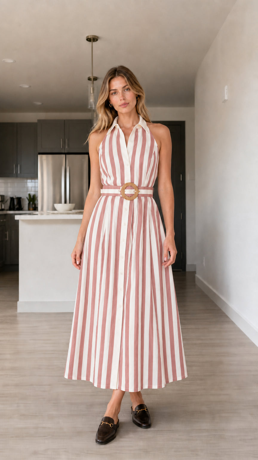 Full front view of pink and white striped halter midi dress