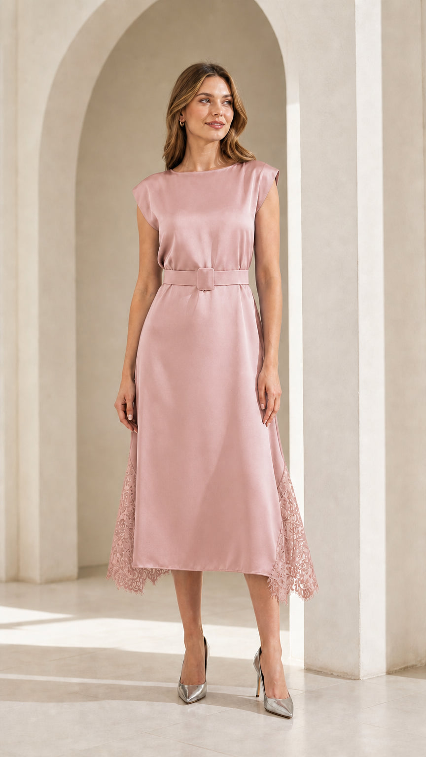 Model wearing pink satin midi dress with lace hem
