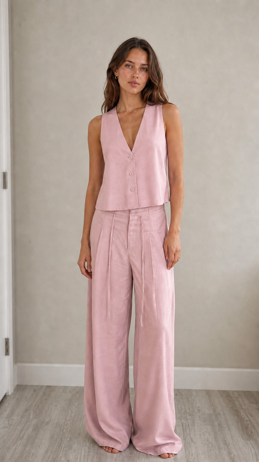 Full-length view of model in pink two-piece vest and pants set
