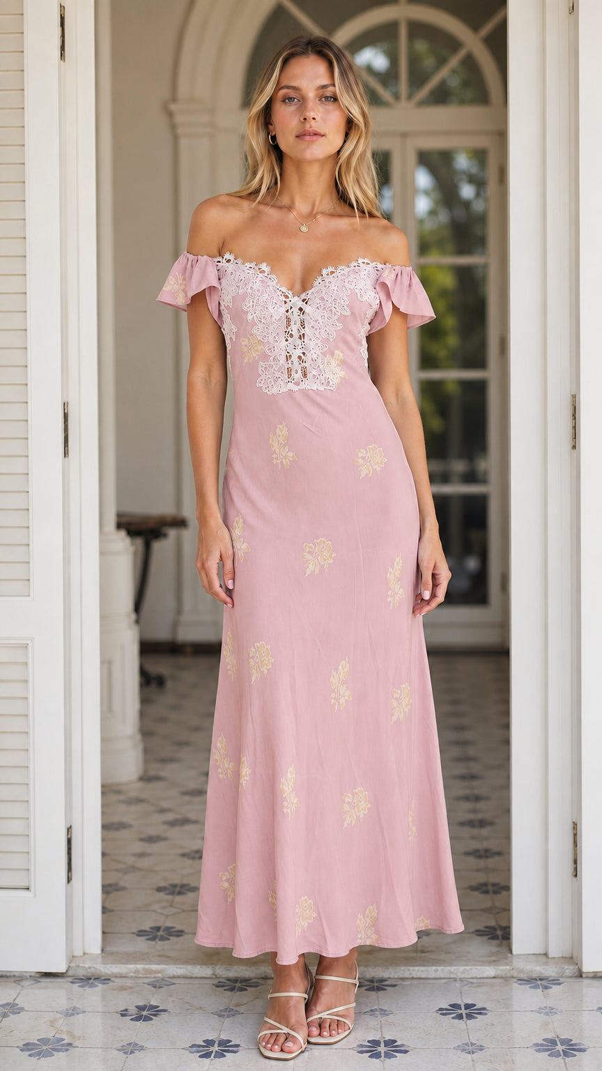Front view of Dusty Pink floral lace trim maxi dress