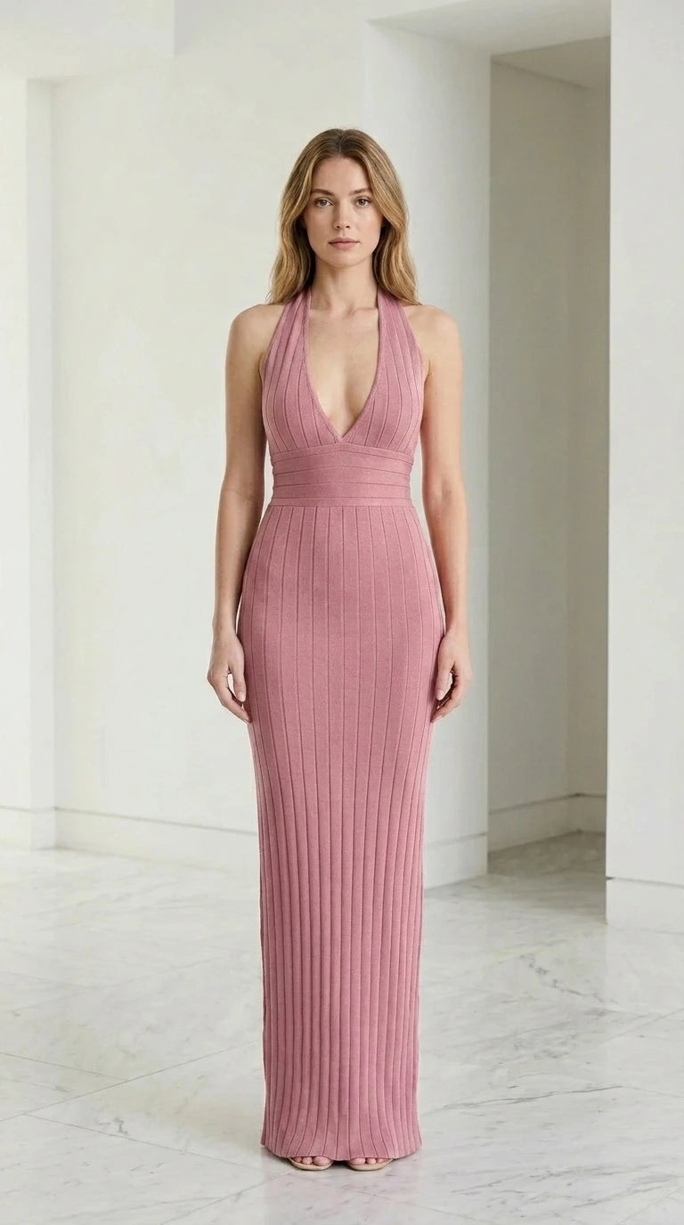 Front view of dusty rose ribbed halter maxi dress