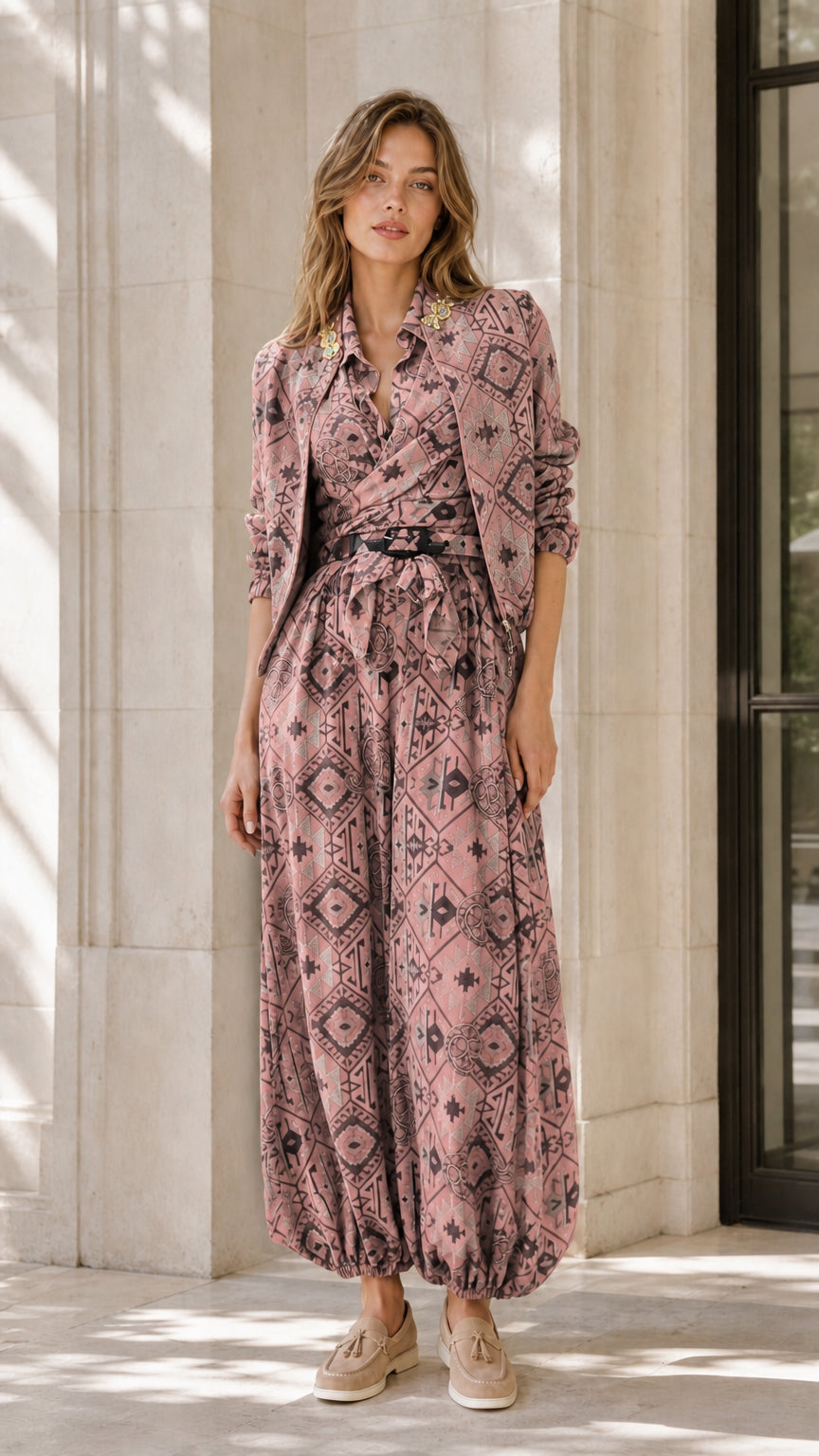 Model wearing pink geometric print shirt and jumpsuit set