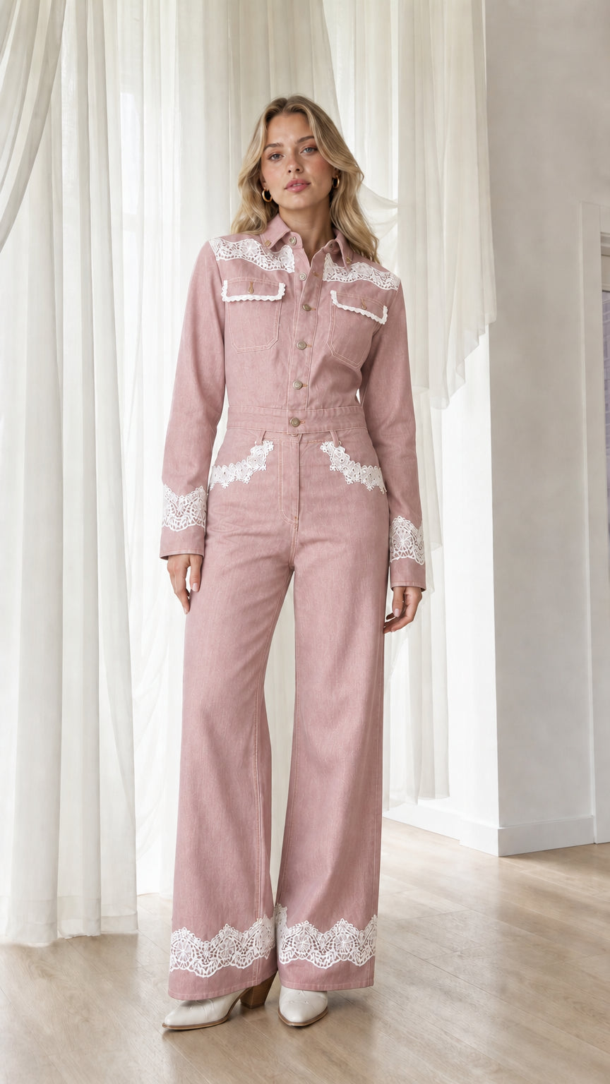 Model wearing pink western lace trim denim jumpsuit
