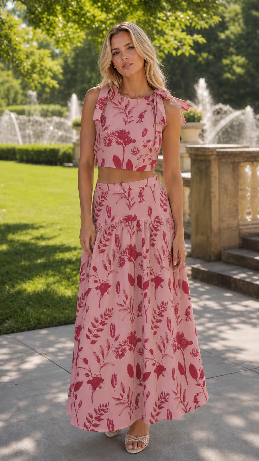 Woman wearing pink floral two-piece set outdoors