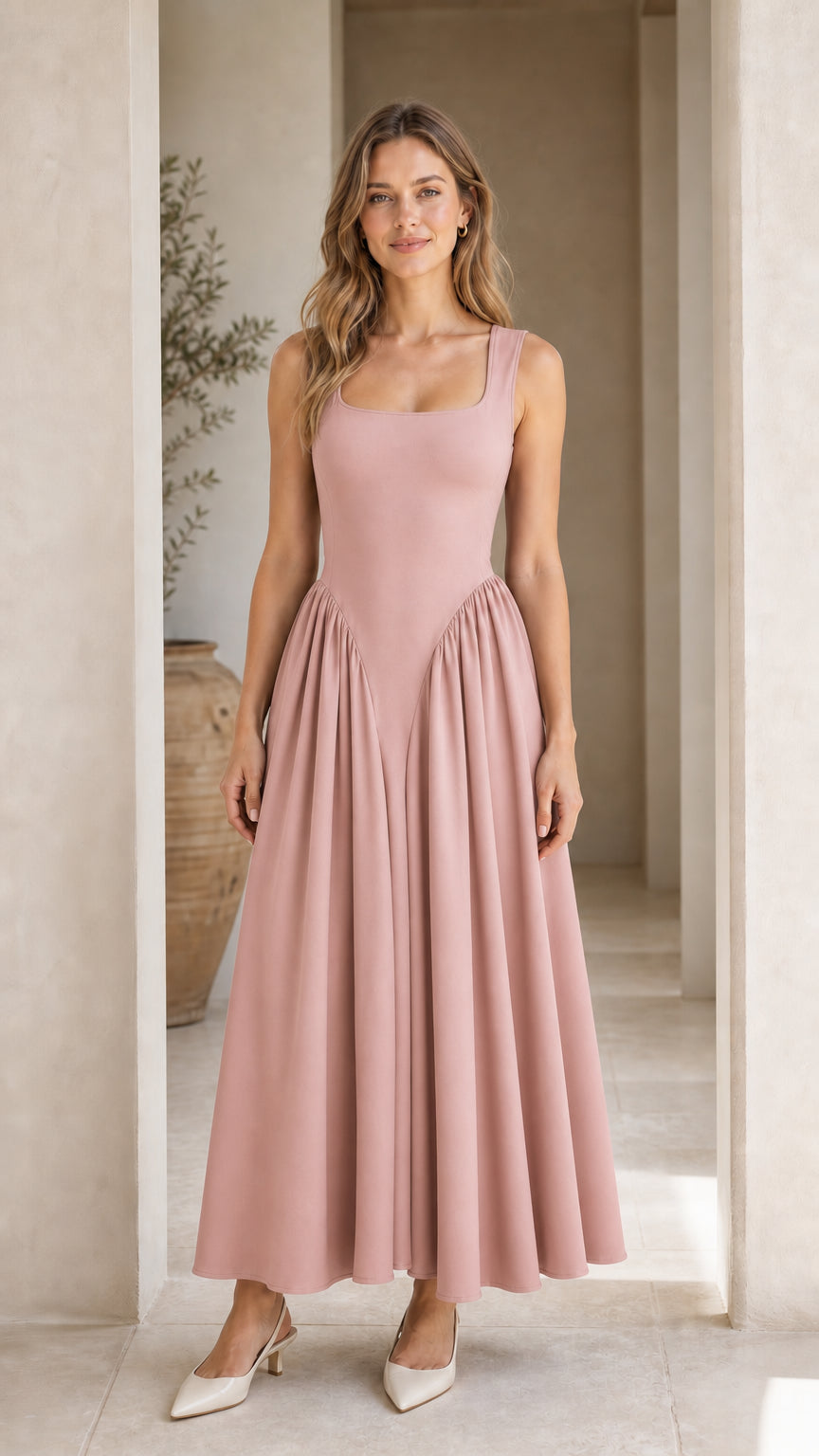 Front full view of woman wearing dusty pink maxi dress
