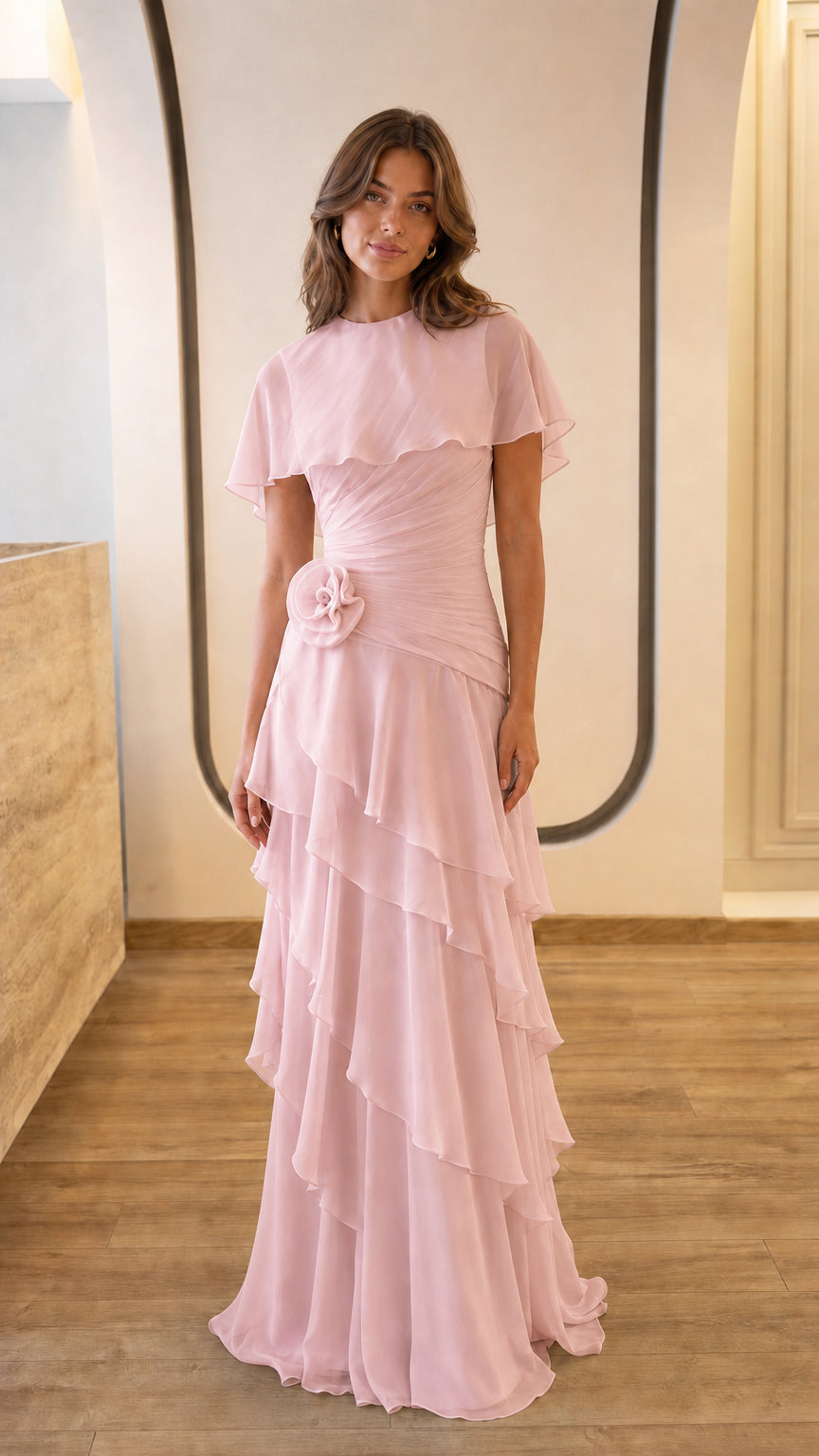 Full view of pink tiered ruffle maxi dress