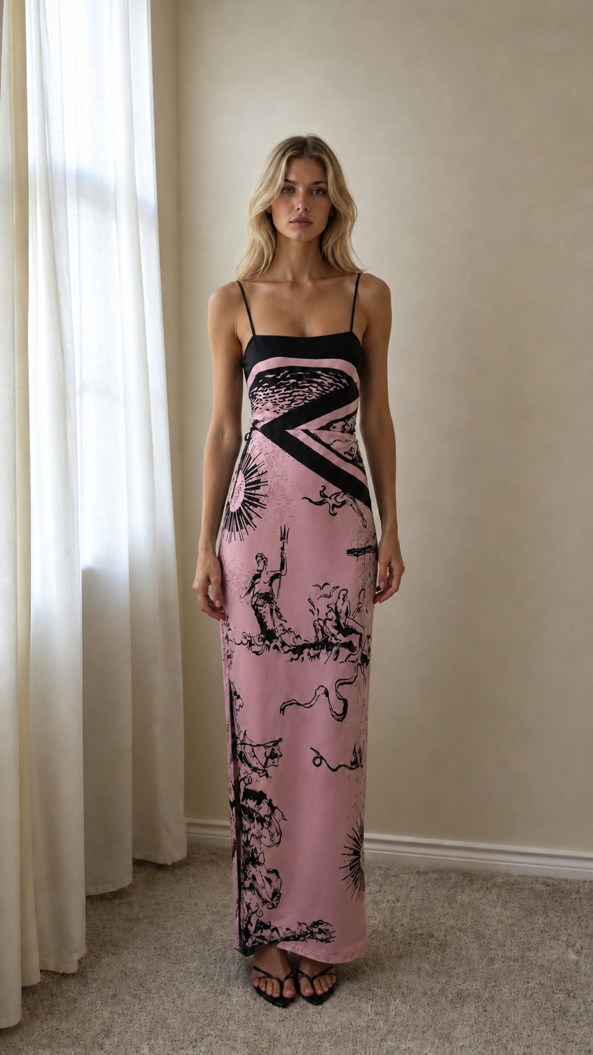 Front view of Pink graphic print maxi slip dress