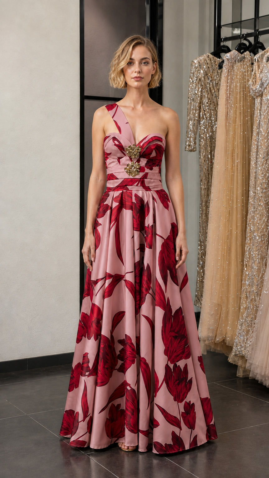 Model wearing pink floral variant evening gown