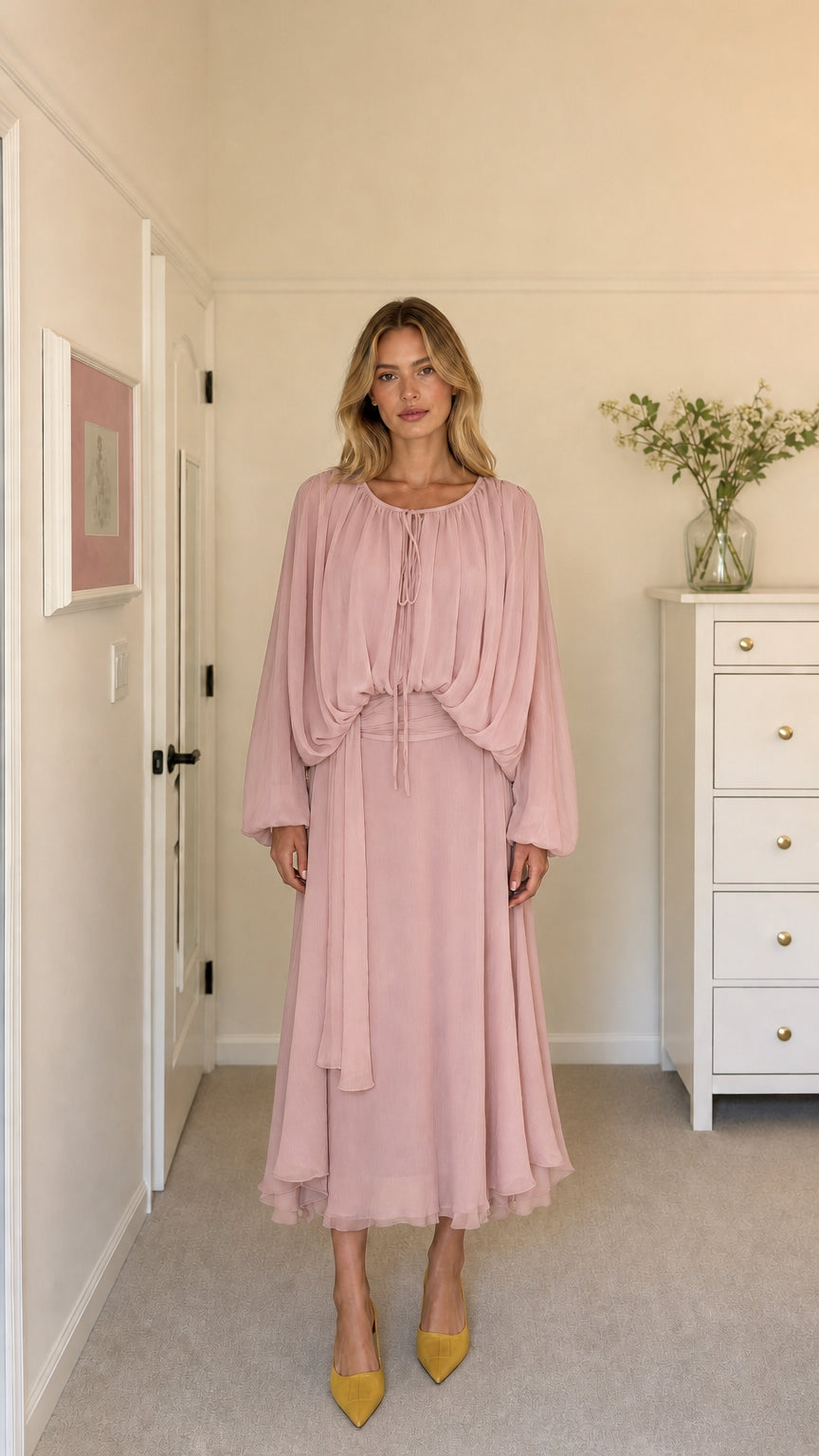 Model wearing pink long-sleeve pleated midi dress