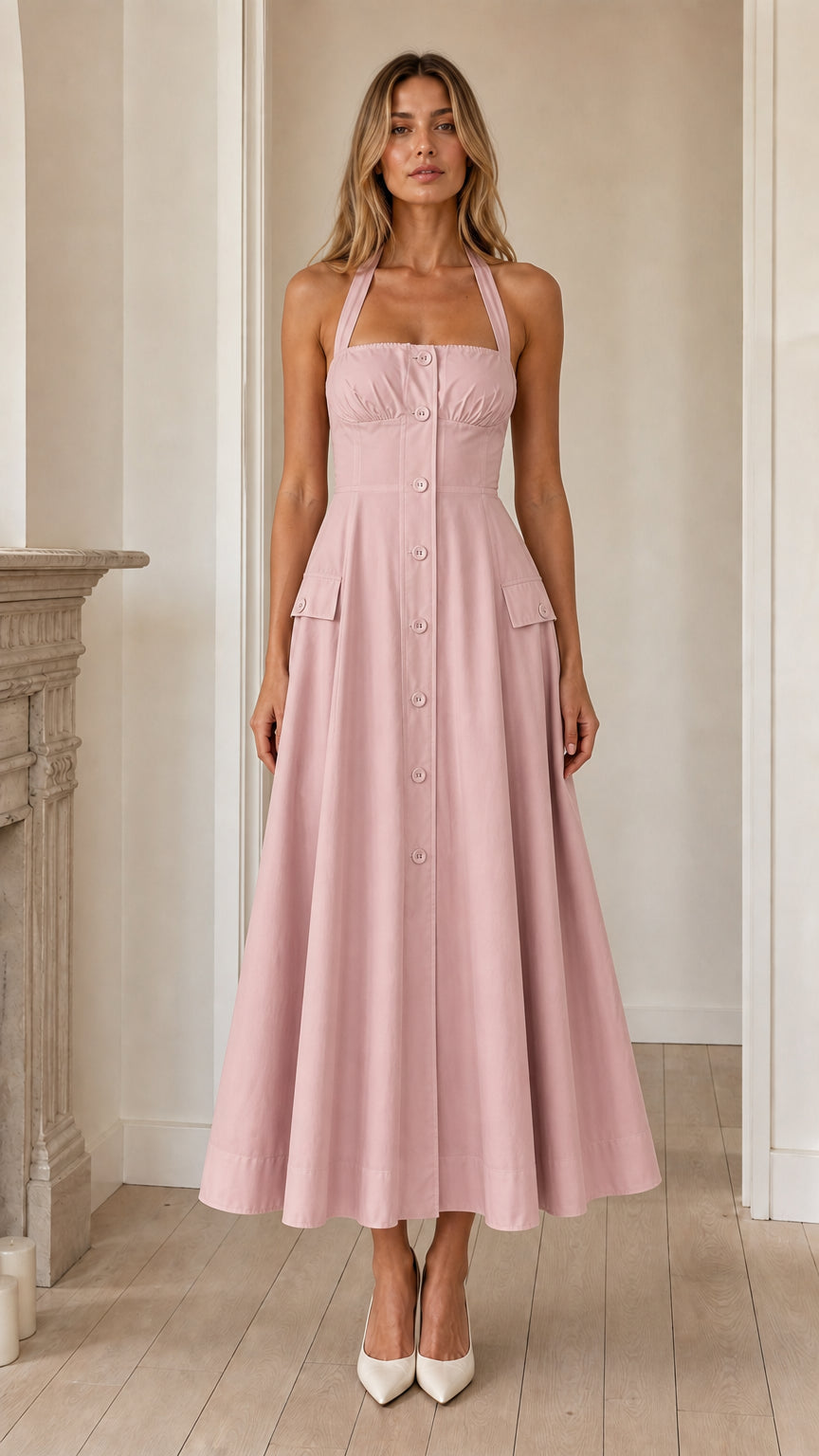 Front view of pink halter midi dress variant