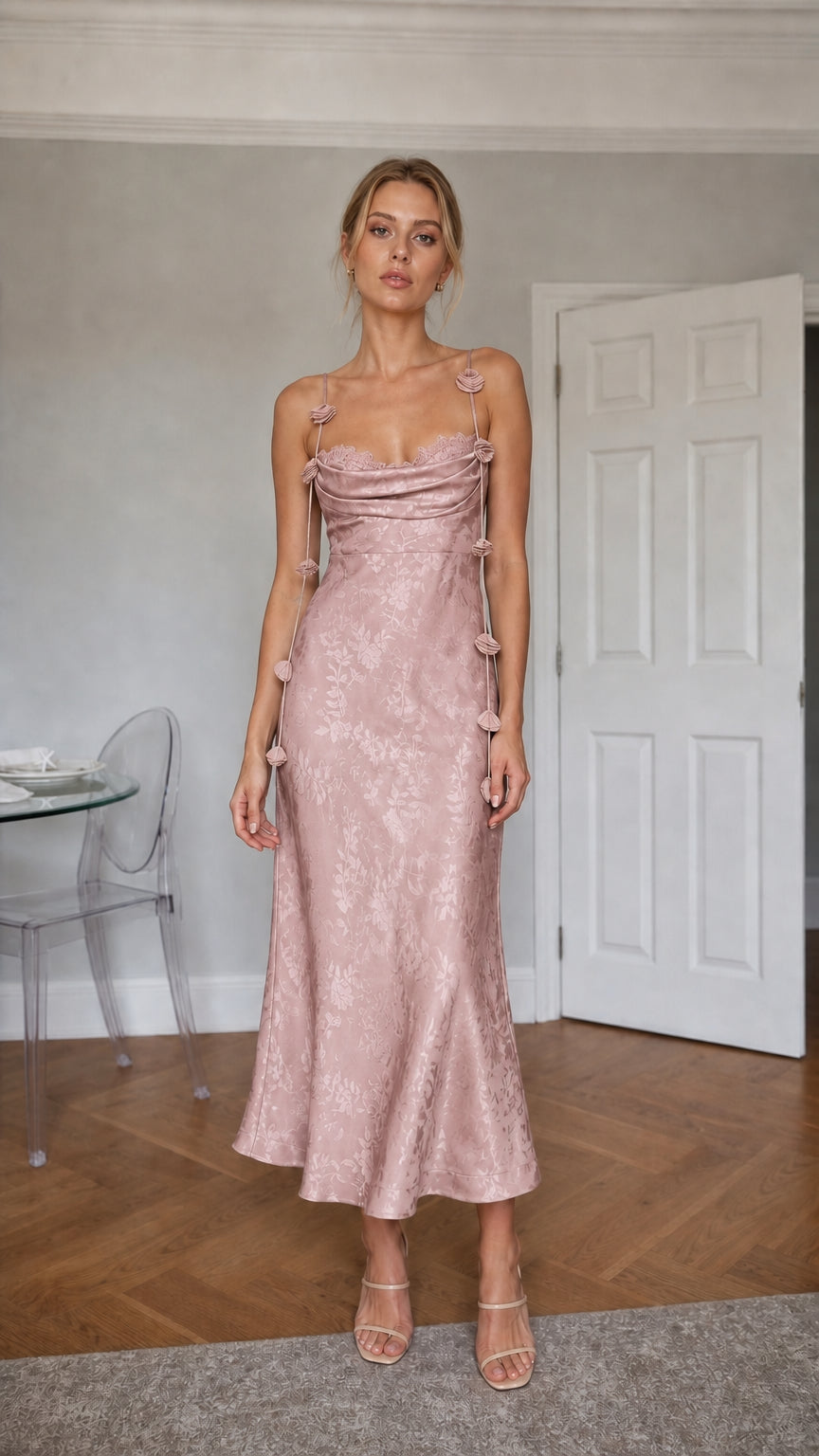 Dusty Pink satin floral midi dress front view