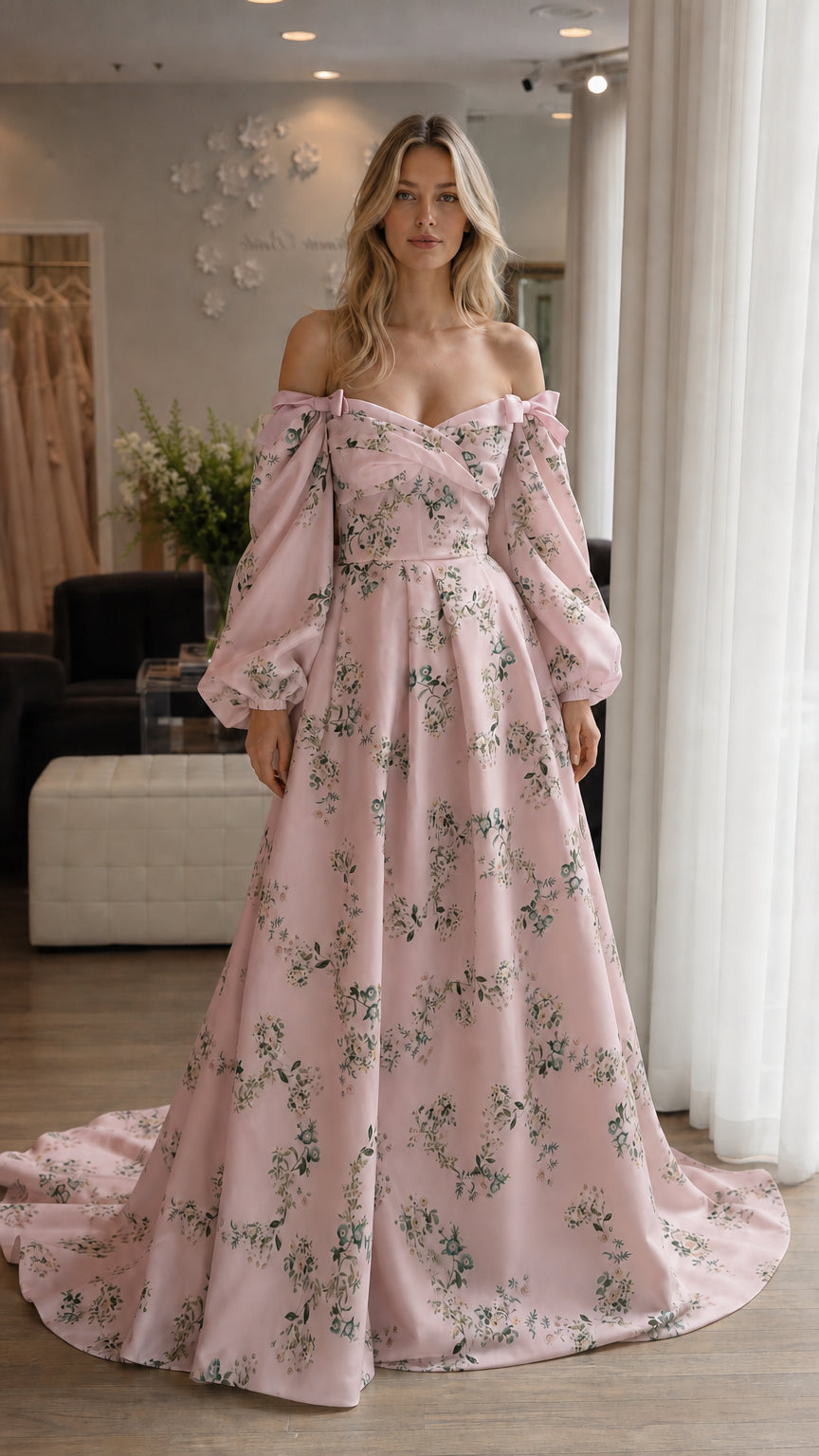 Woman wearing pink floral off-shoulder maxi dress