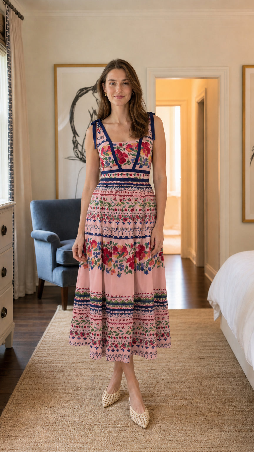 Full view of woman wearing pink floral print midi dress