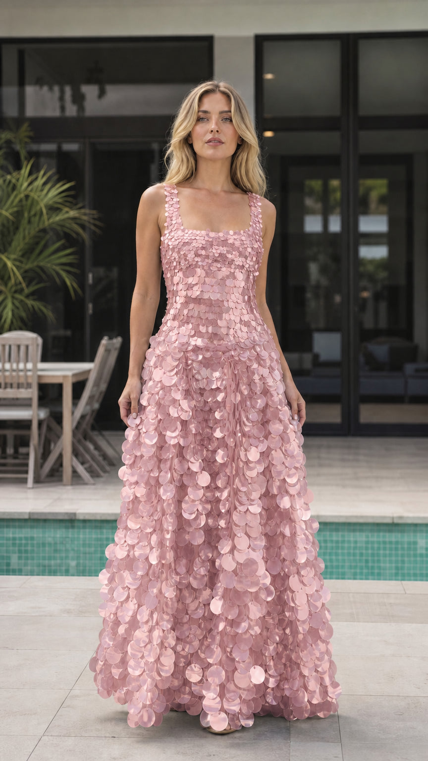 Front view of a blush pink sequin square-neck maxi dress