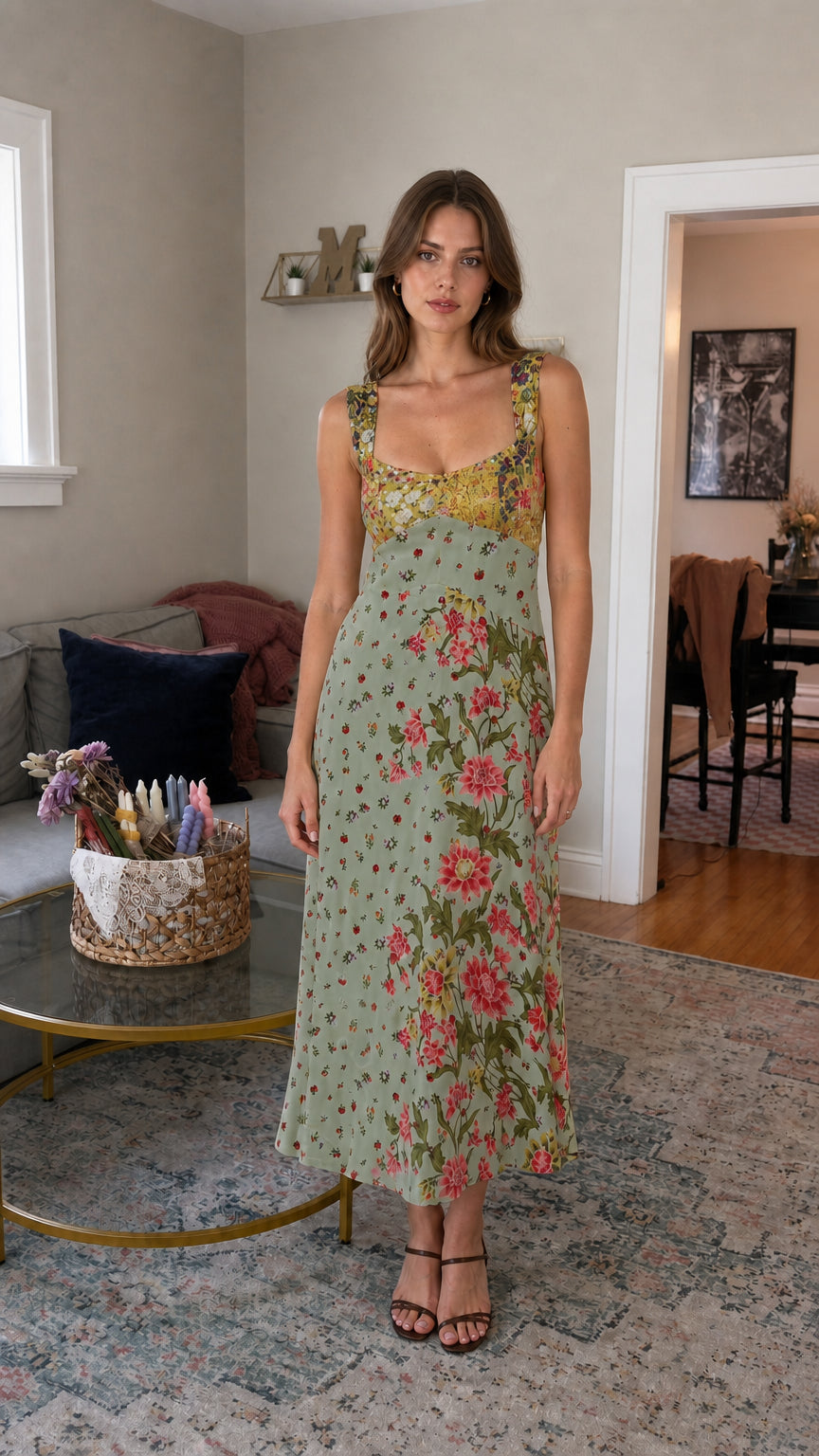 Front view of sage green floral patchwork midi dress on model