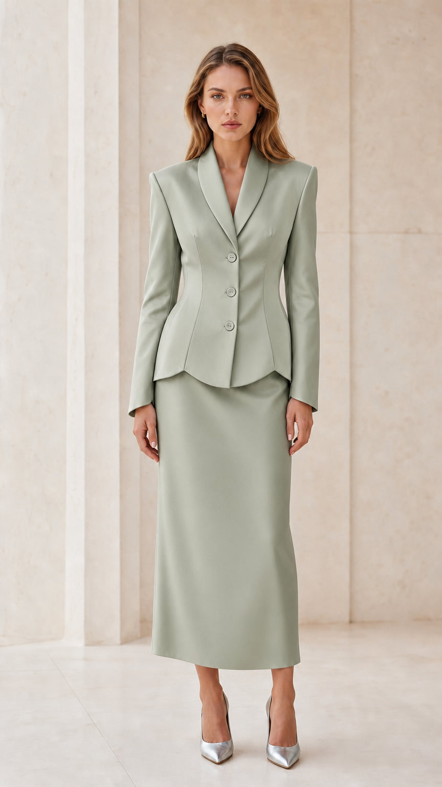 Front view of sage green suit set