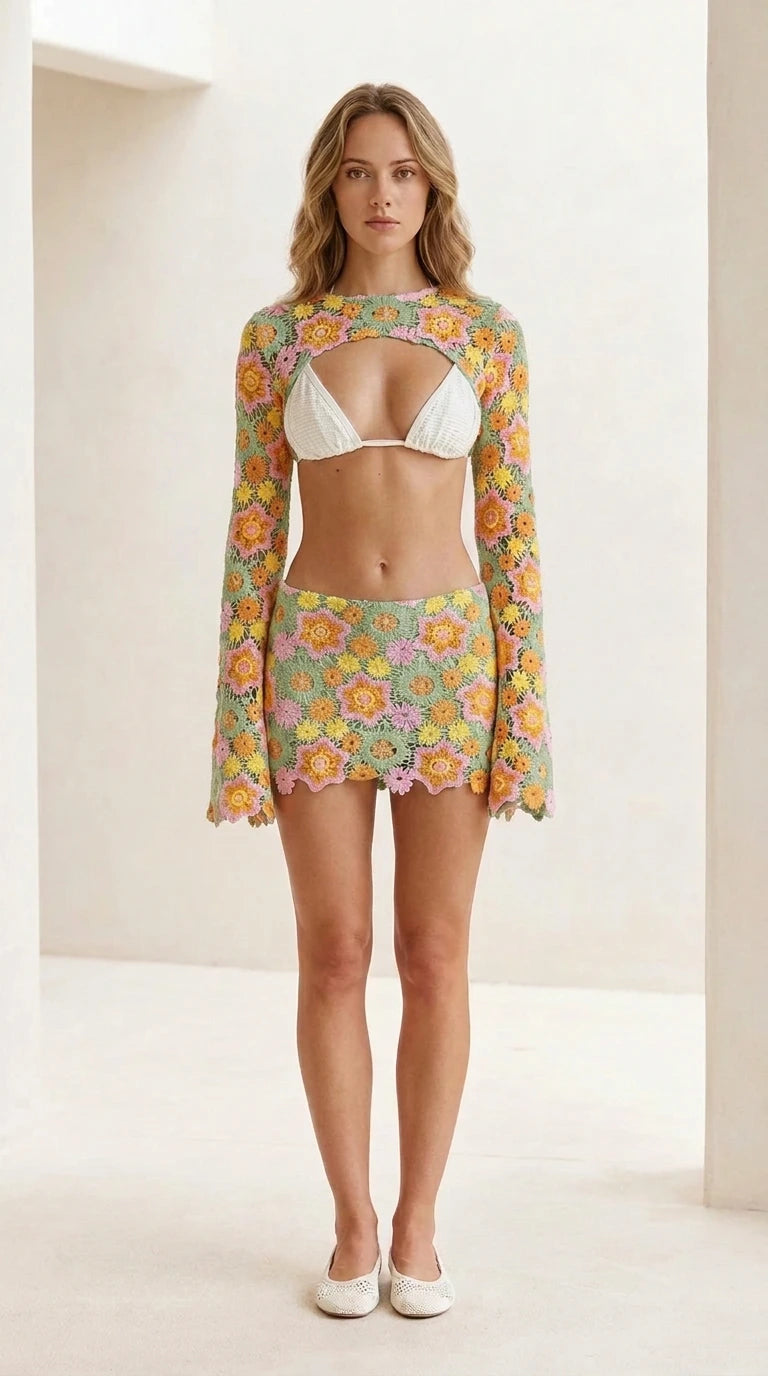 Front view of multi-color pastel floral crochet set