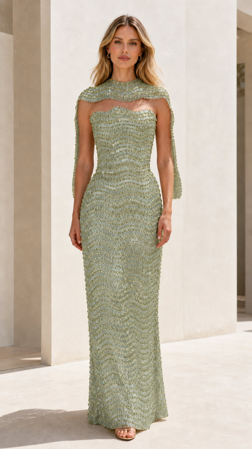 Front view of sage green sequin strapless gown with matching shrug