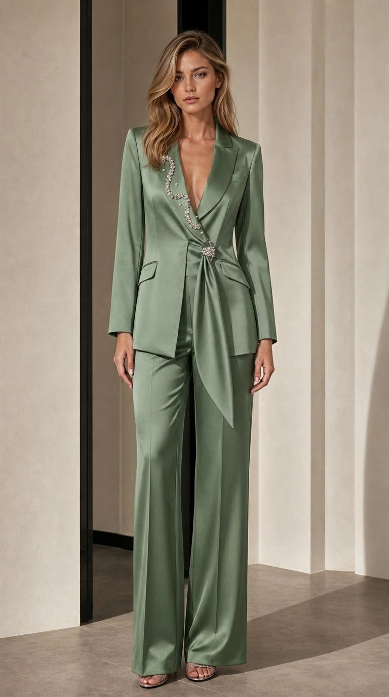 Sage green satin crystal embellished pant suit