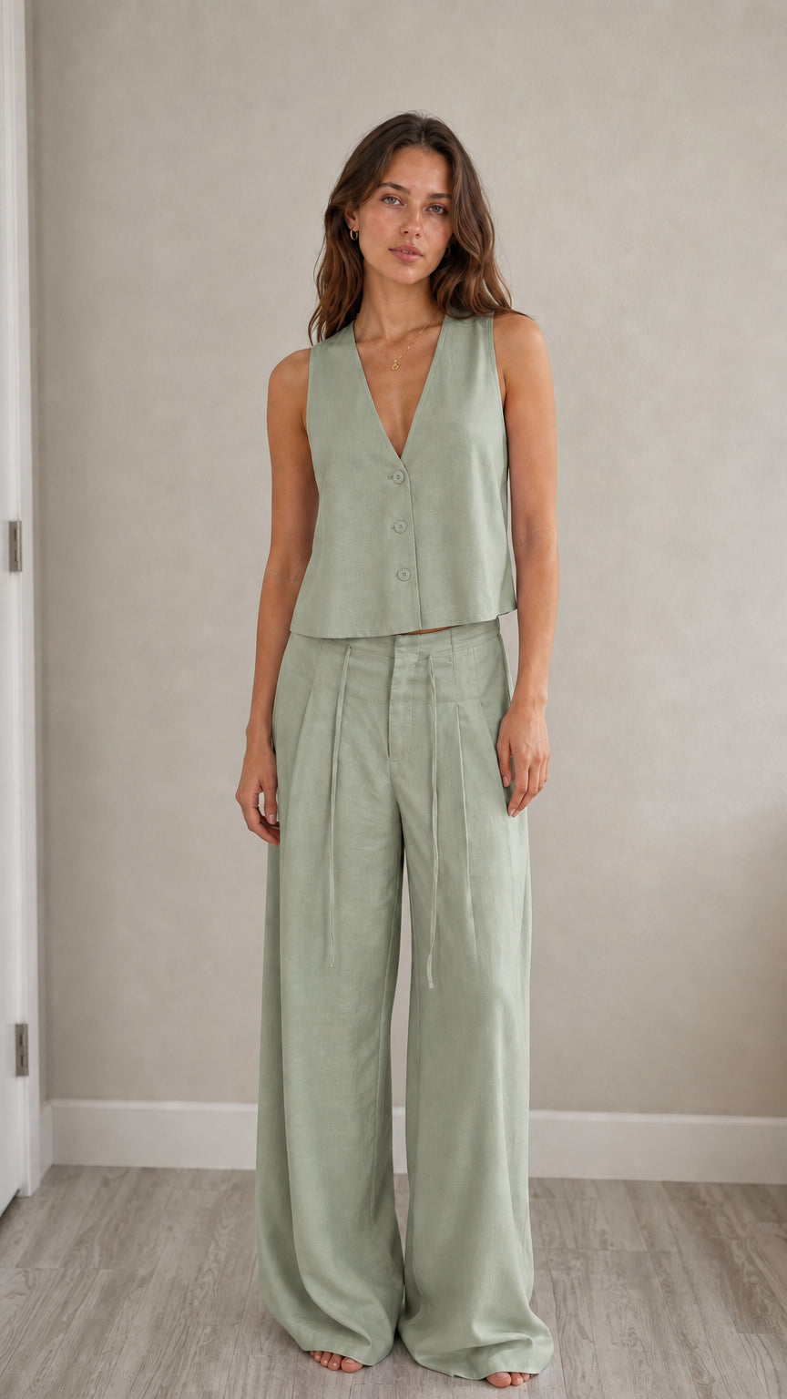 Full-length view of model in sage green two-piece vest and pants set