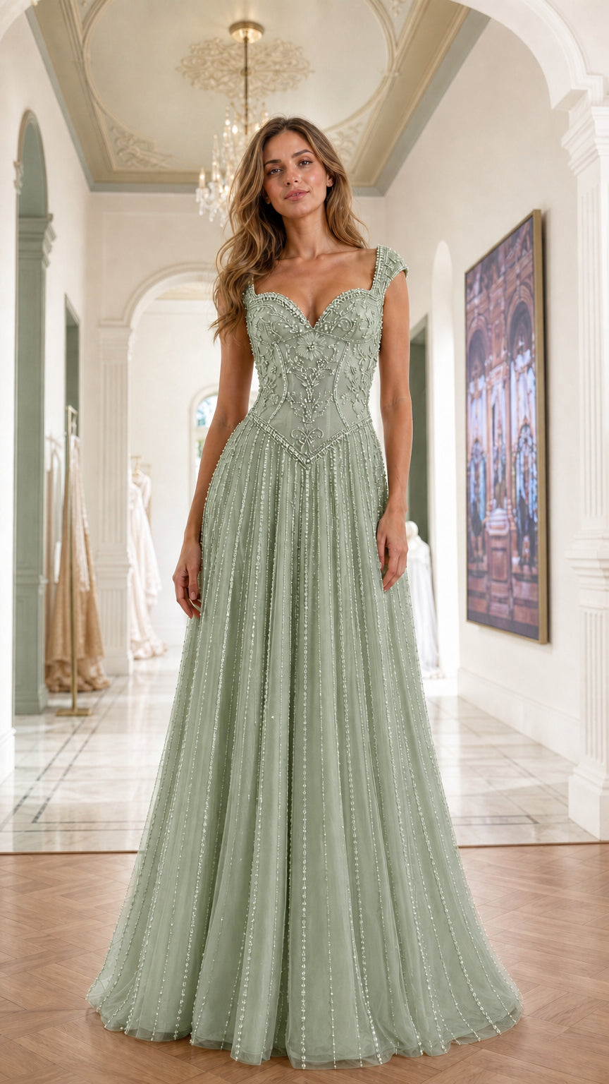 Front view of sage green evening gown variant