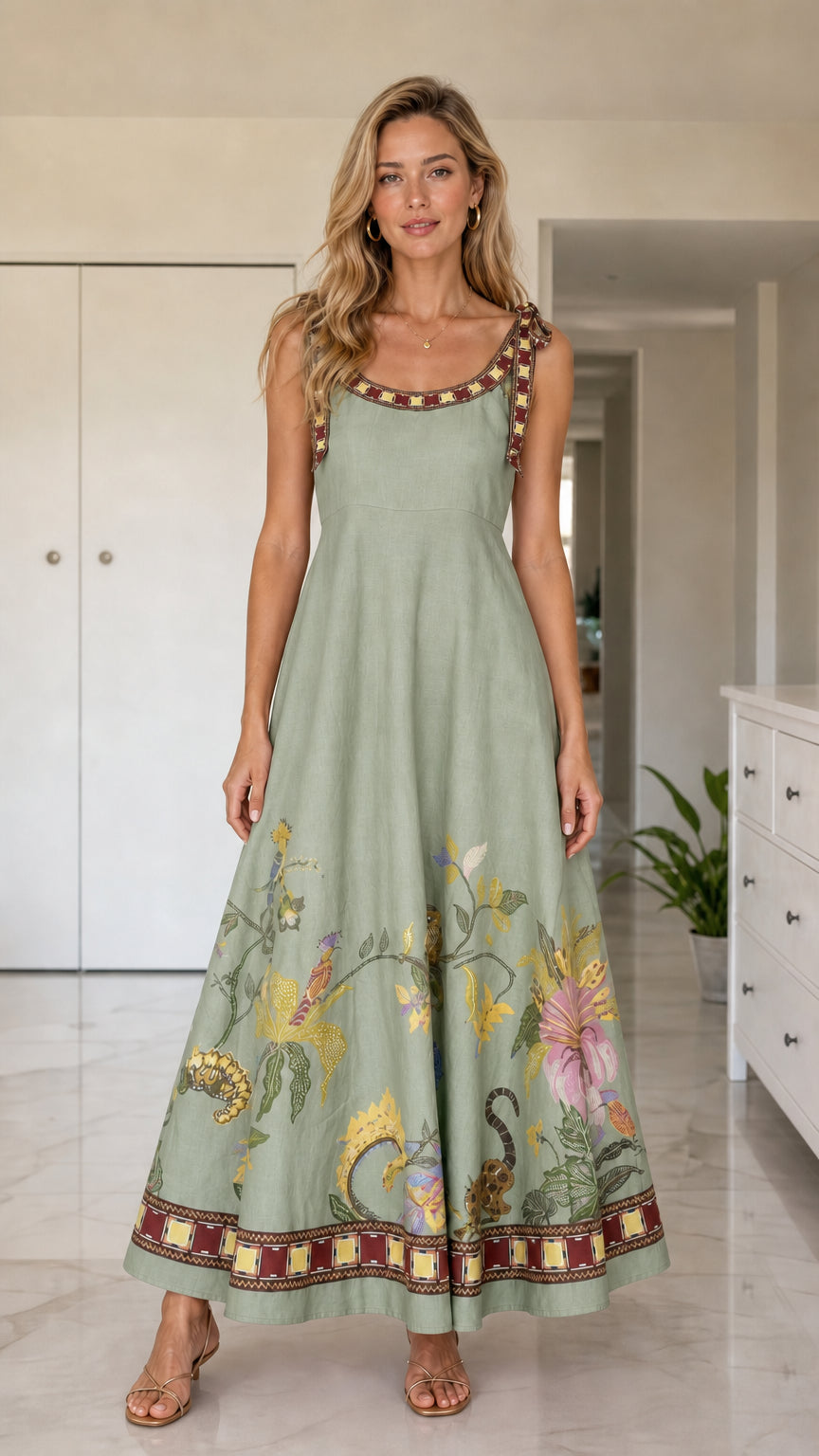 Front full view of sage green floral maxi dress variant