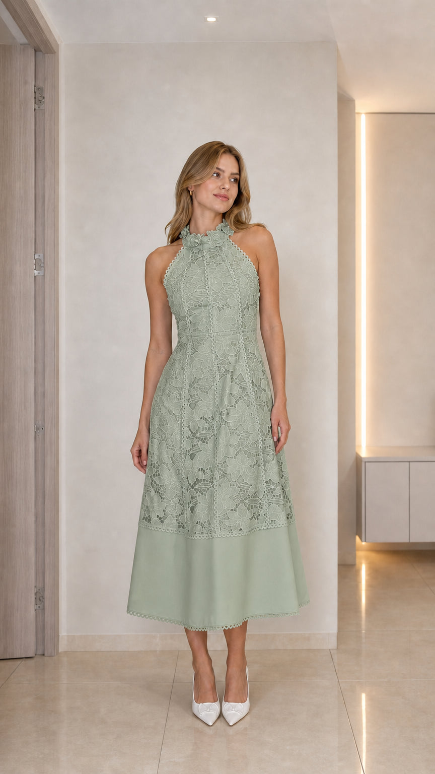Model wearing sage green halter neck floral lace midi dress
