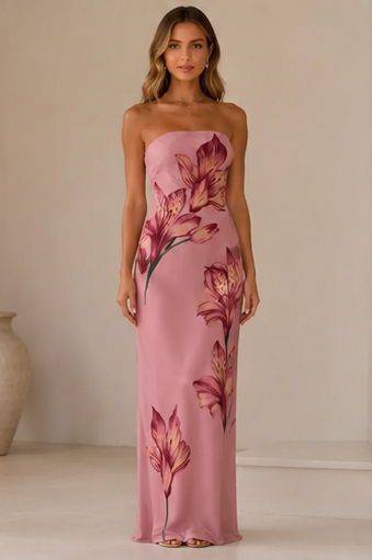 Dusty pink strapless floral print maxi dress front view