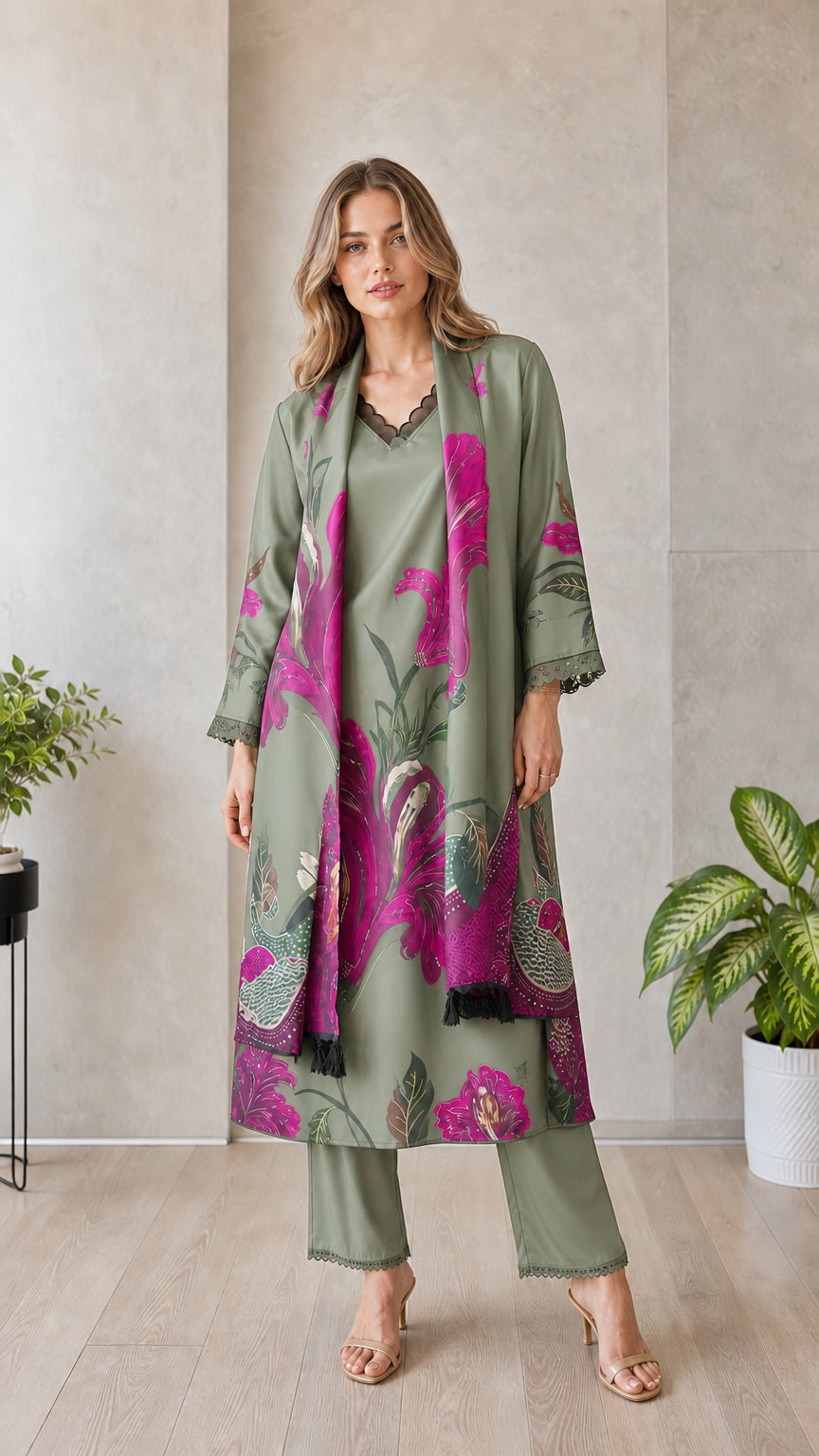 Model wearing sage green floral 3-piece cardigan set