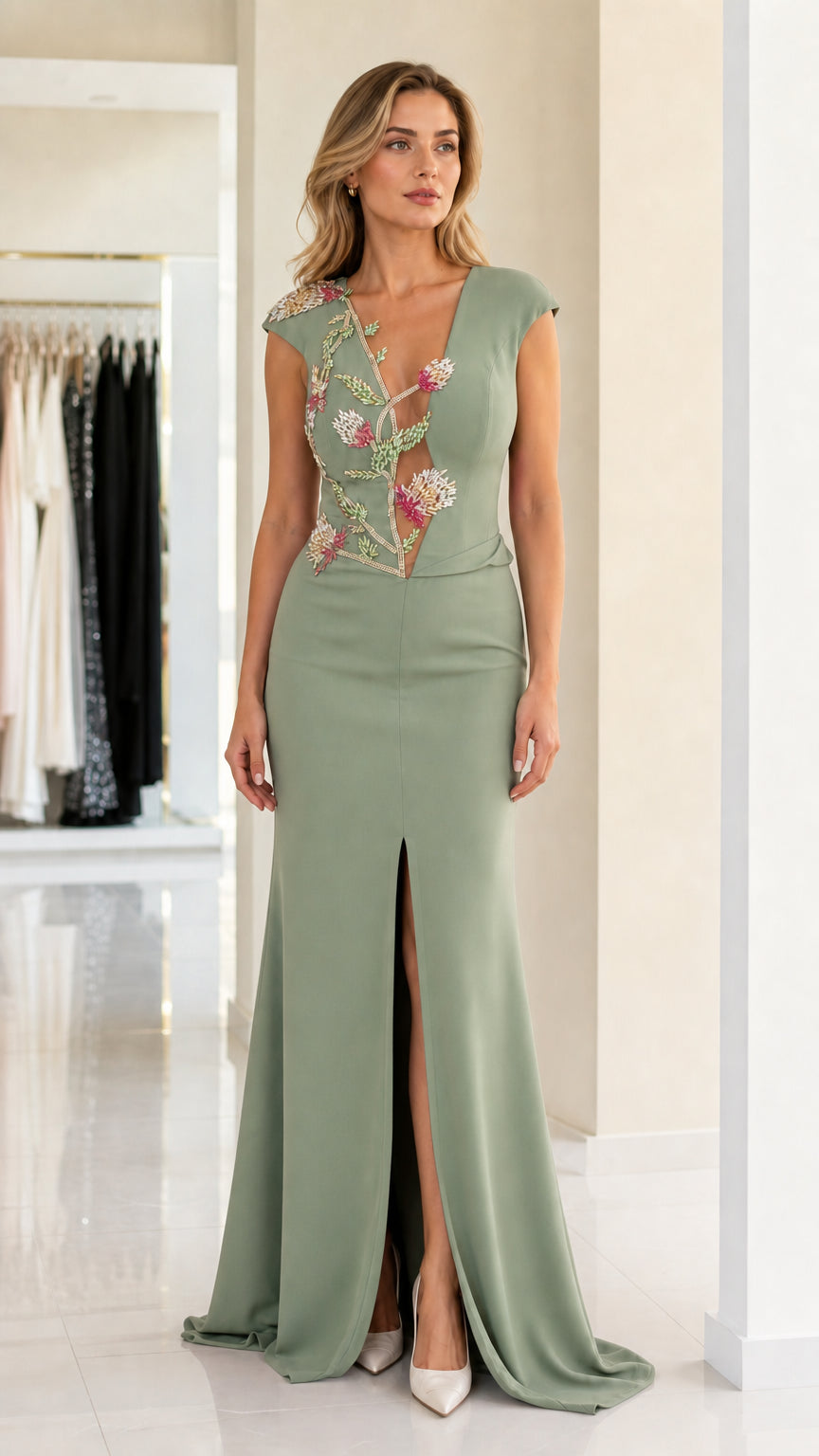 Front view of sage green evening dress with beaded floral applique