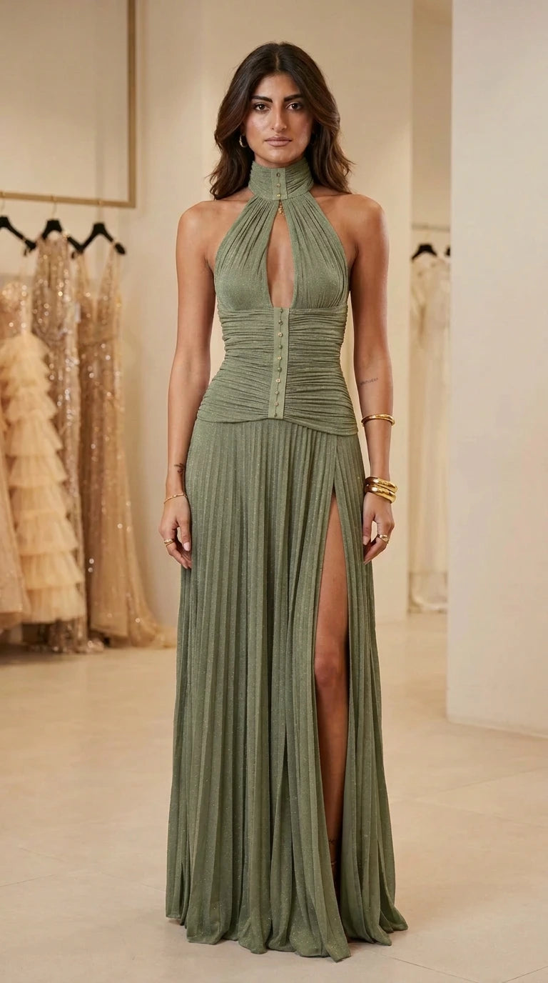 Front view of sage green halter pleated maxi evening dress