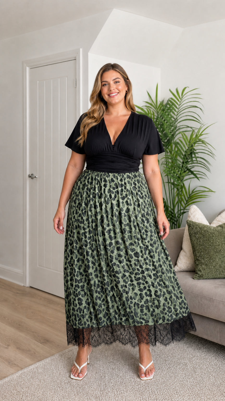 Front view of plus size green leopard print midi dress