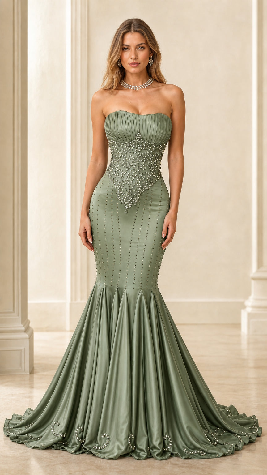 Front view of green strapless beaded evening gown