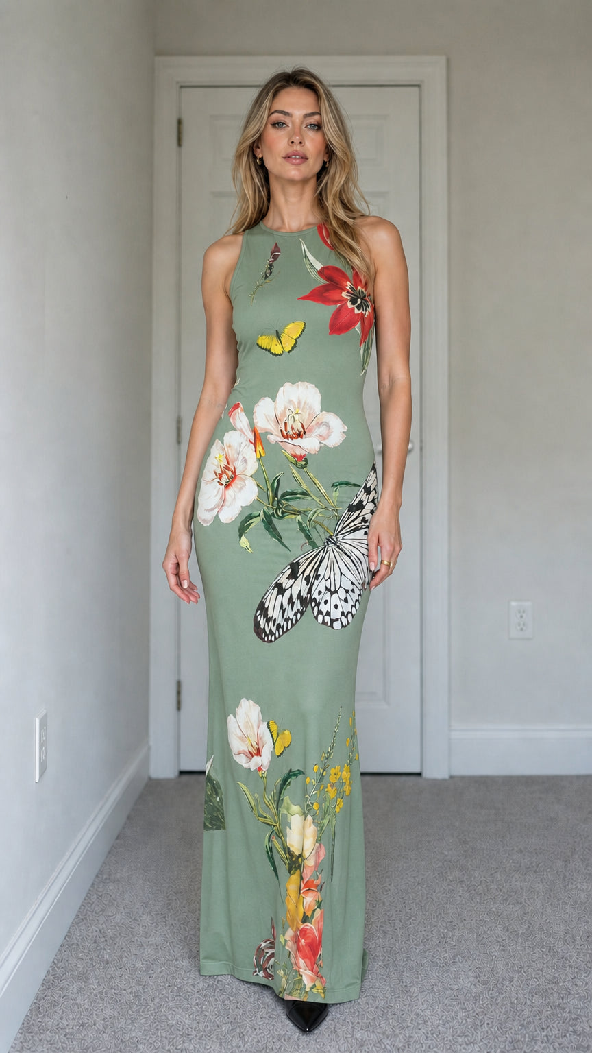 Model wearing sage green floral butterfly print sleeveless maxi dress