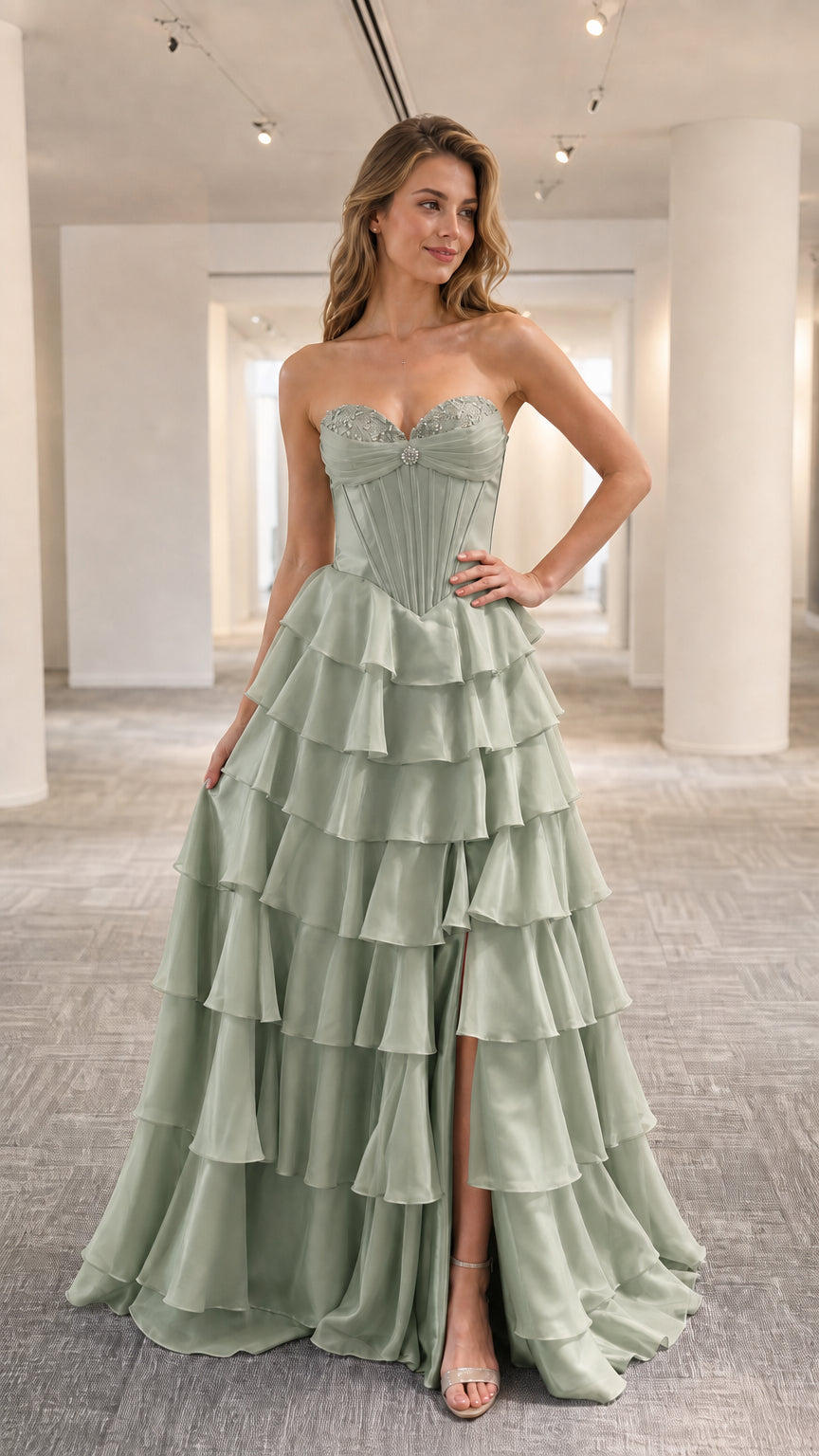 Model wearing sage green strapless tiered ruffle evening gown