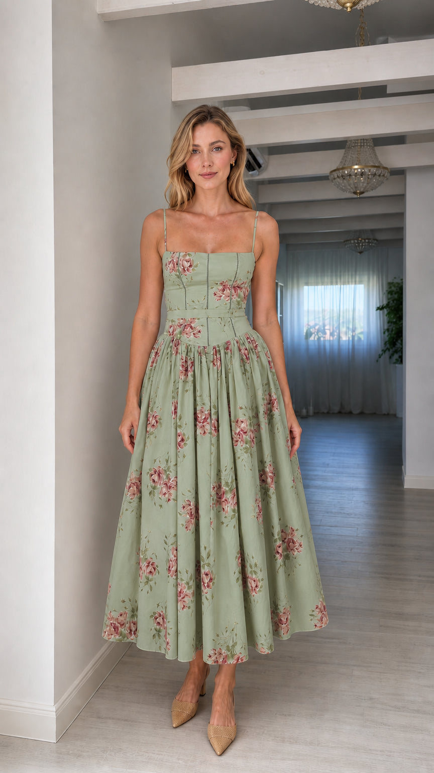 Woman wearing sage green floral midi dress