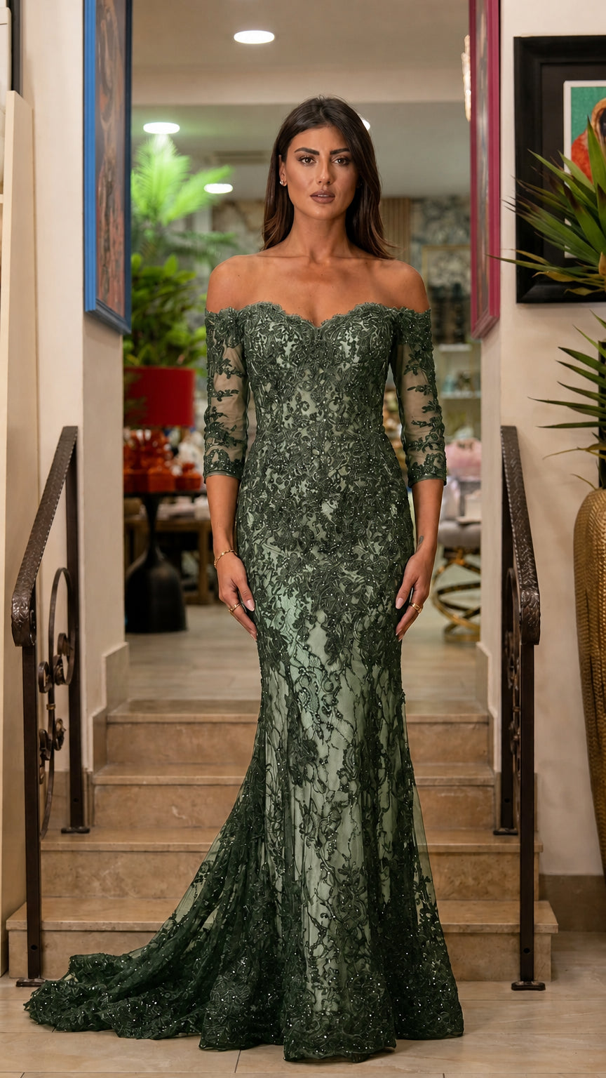 Front view of emerald green lace formal dress