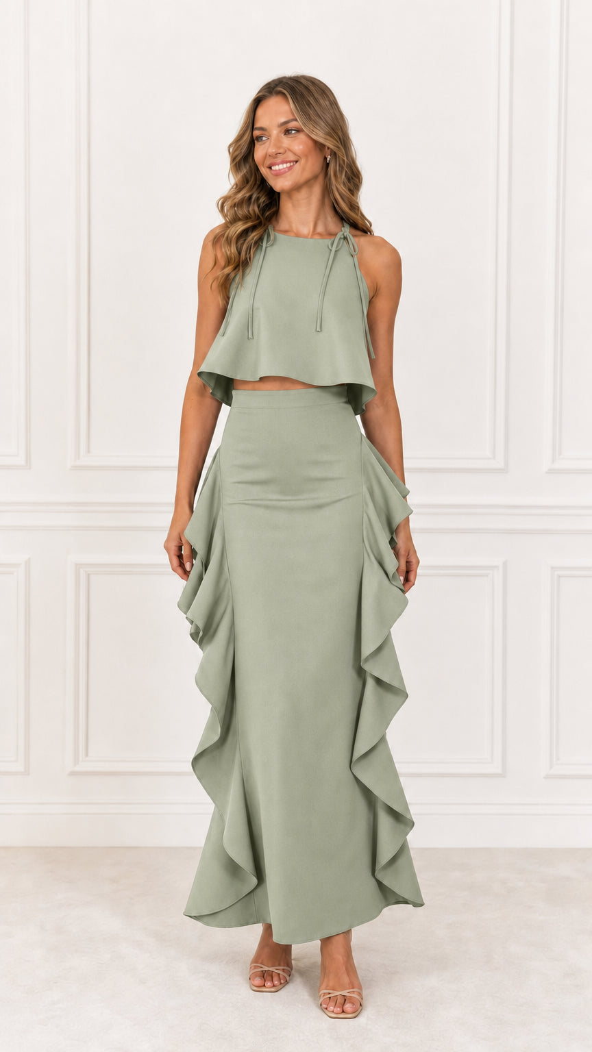 Model wearing Sage Two-Piece Ruffle Maxi Dress Set
