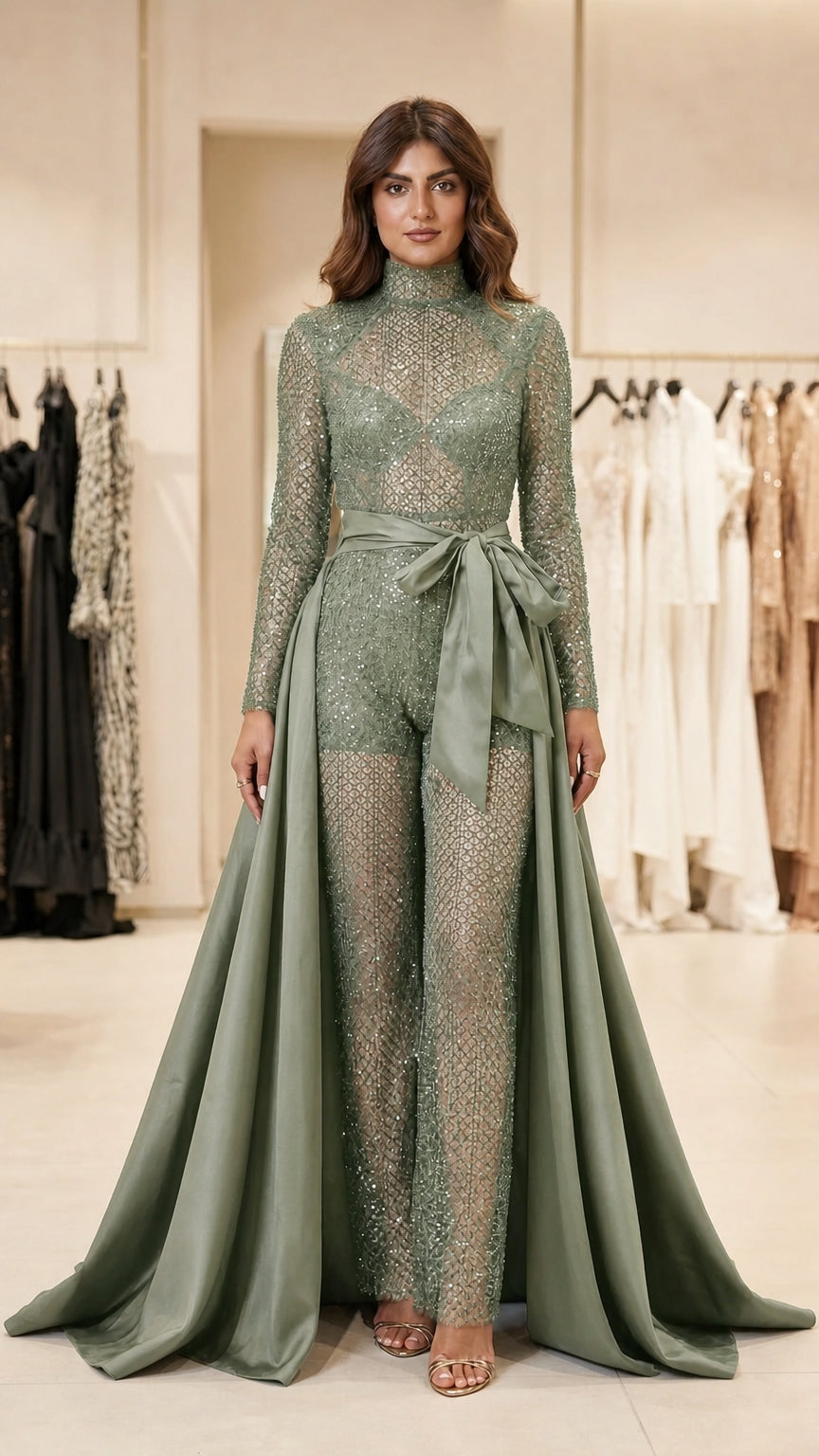 Front view of sage green sequin jumpsuit with matching satin overskirt