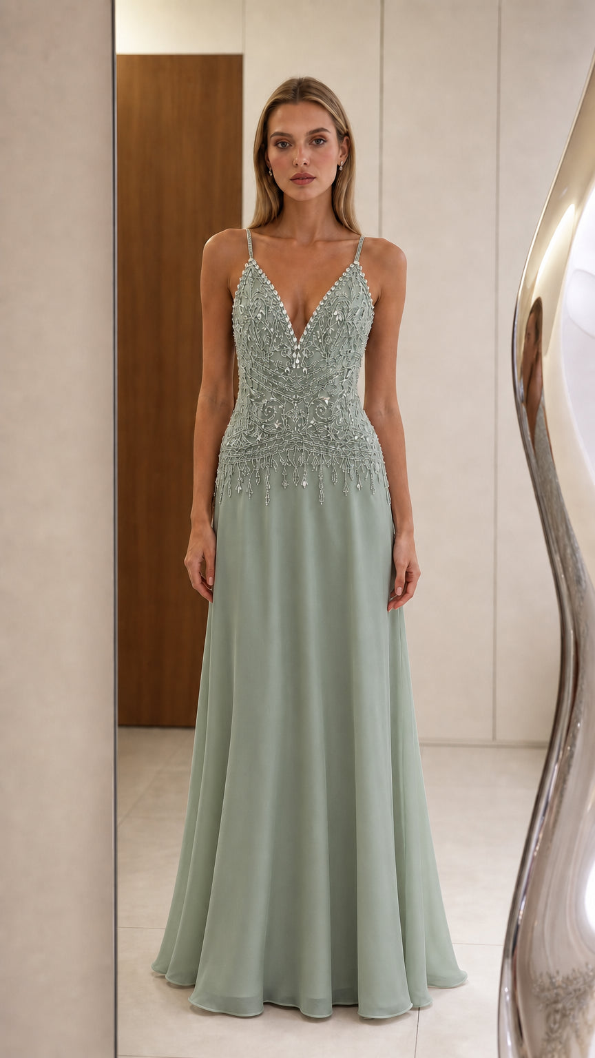 Front view of sage green evening gown with sequin bodice