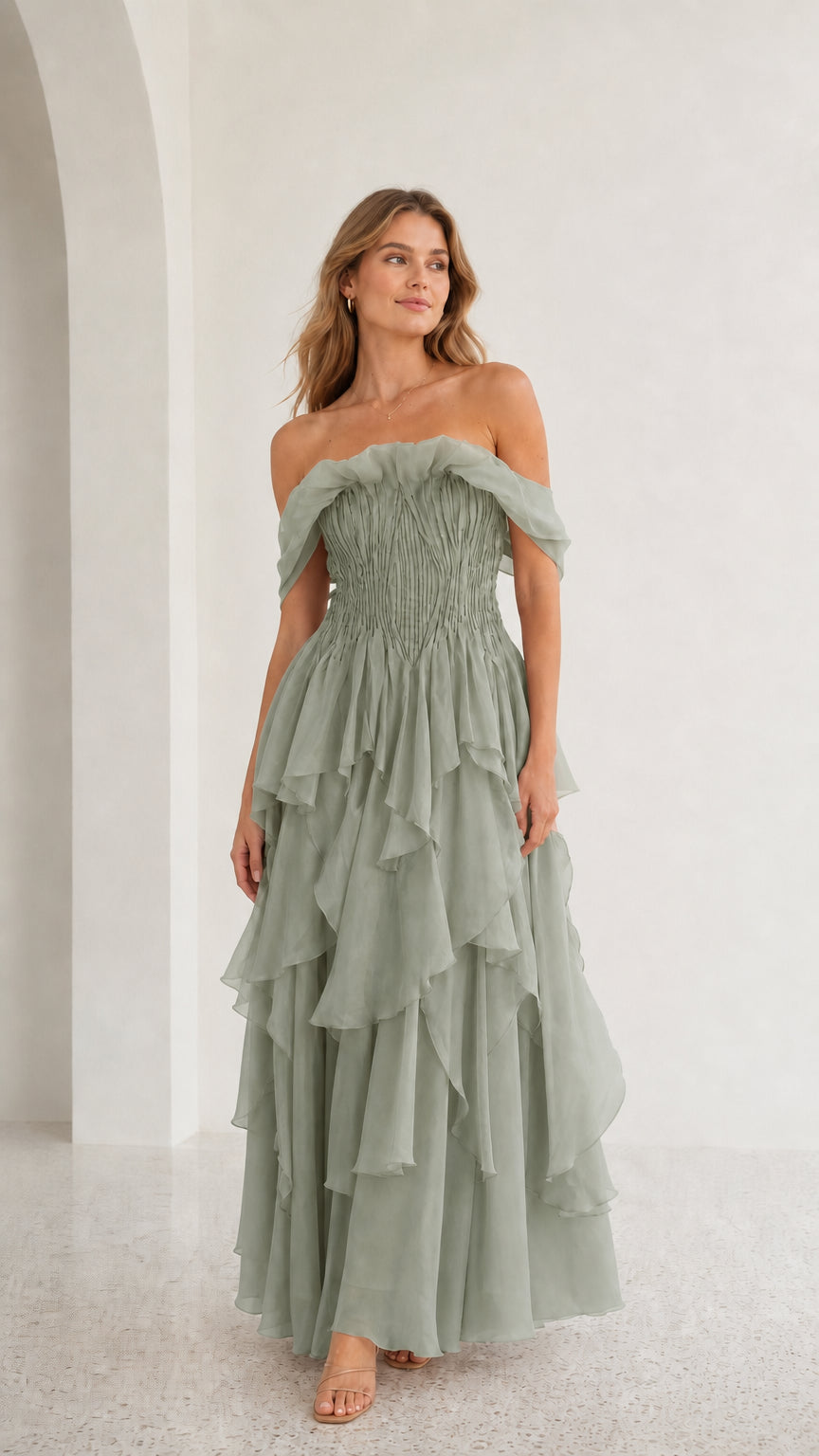 Front view of sage green off-shoulder tiered maxi dress