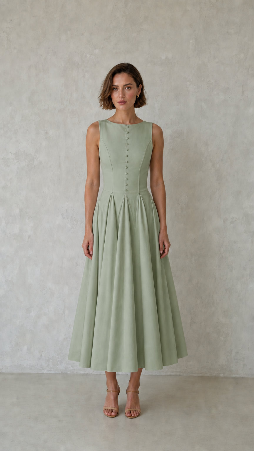 Front view of woman wearing sage green sleeveless pleated midi dress