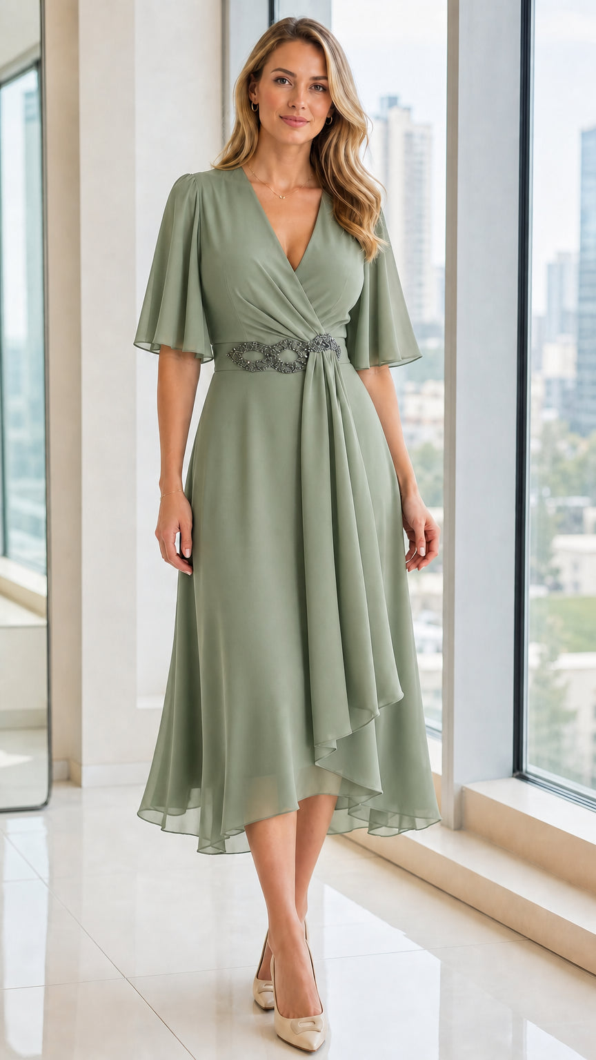 Front view of sage green V-neck chiffon midi dress on model