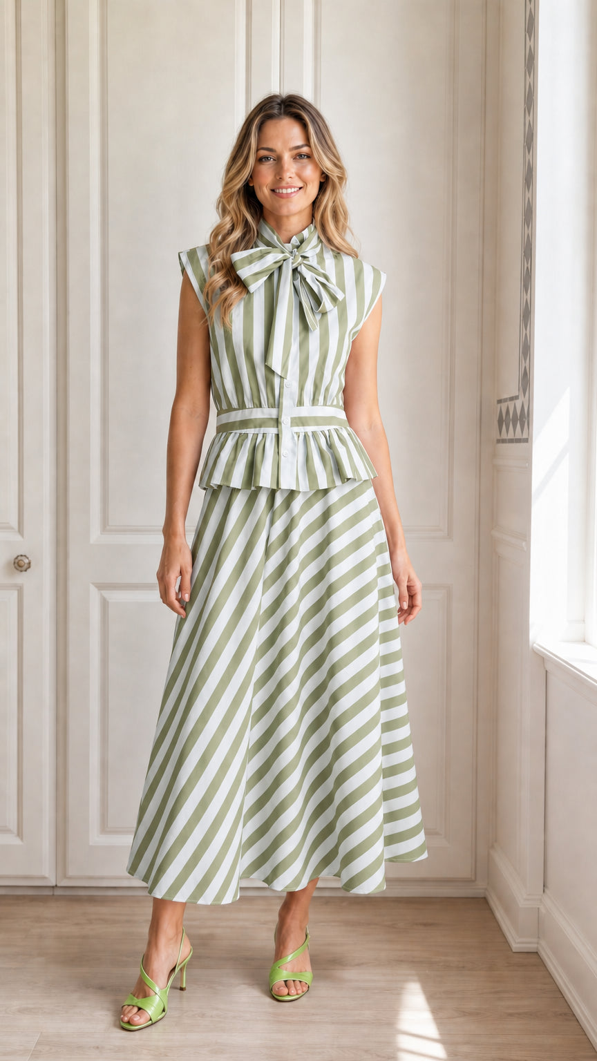 Model wearing green and white striped midi dress
