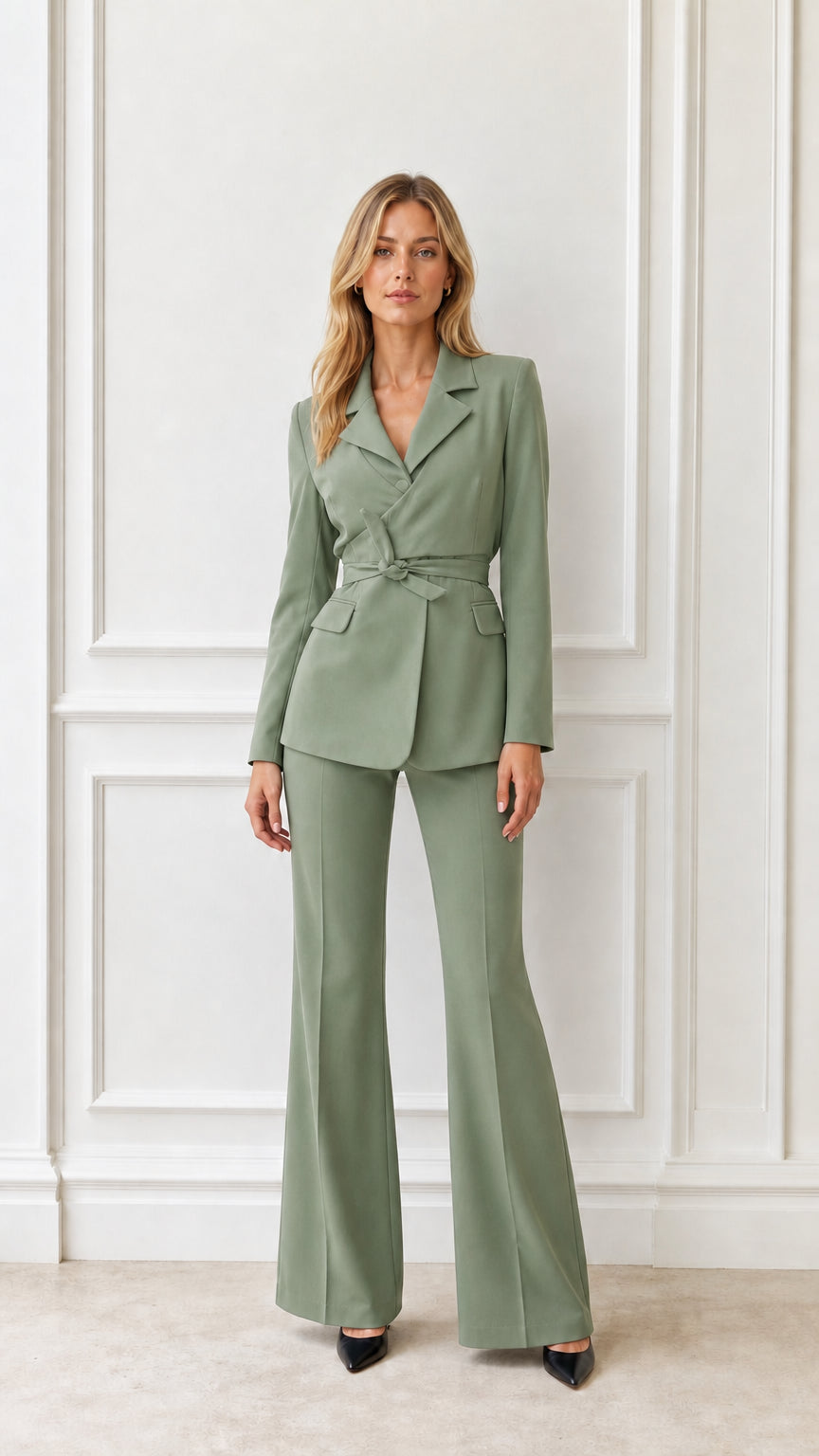 Full length view of woman in sage green blazer and flared pants suit