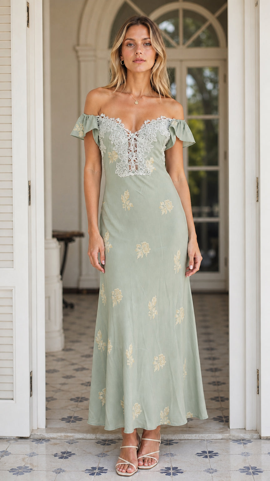 Front view of Sage Green floral lace trim maxi dress