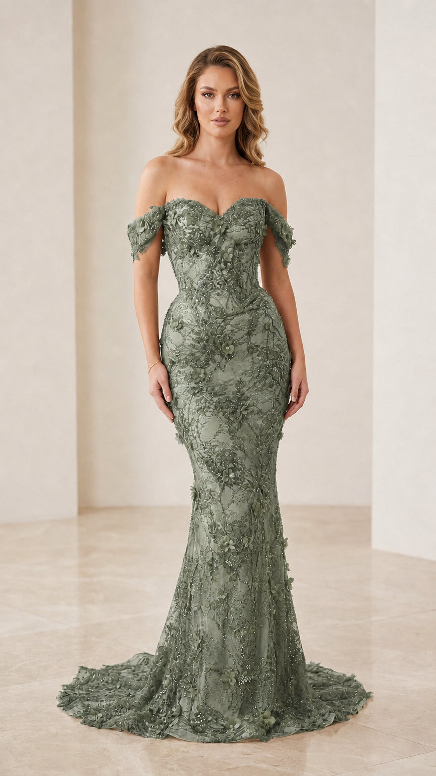 Sage green color variant of off-the-shoulder mermaid evening gown