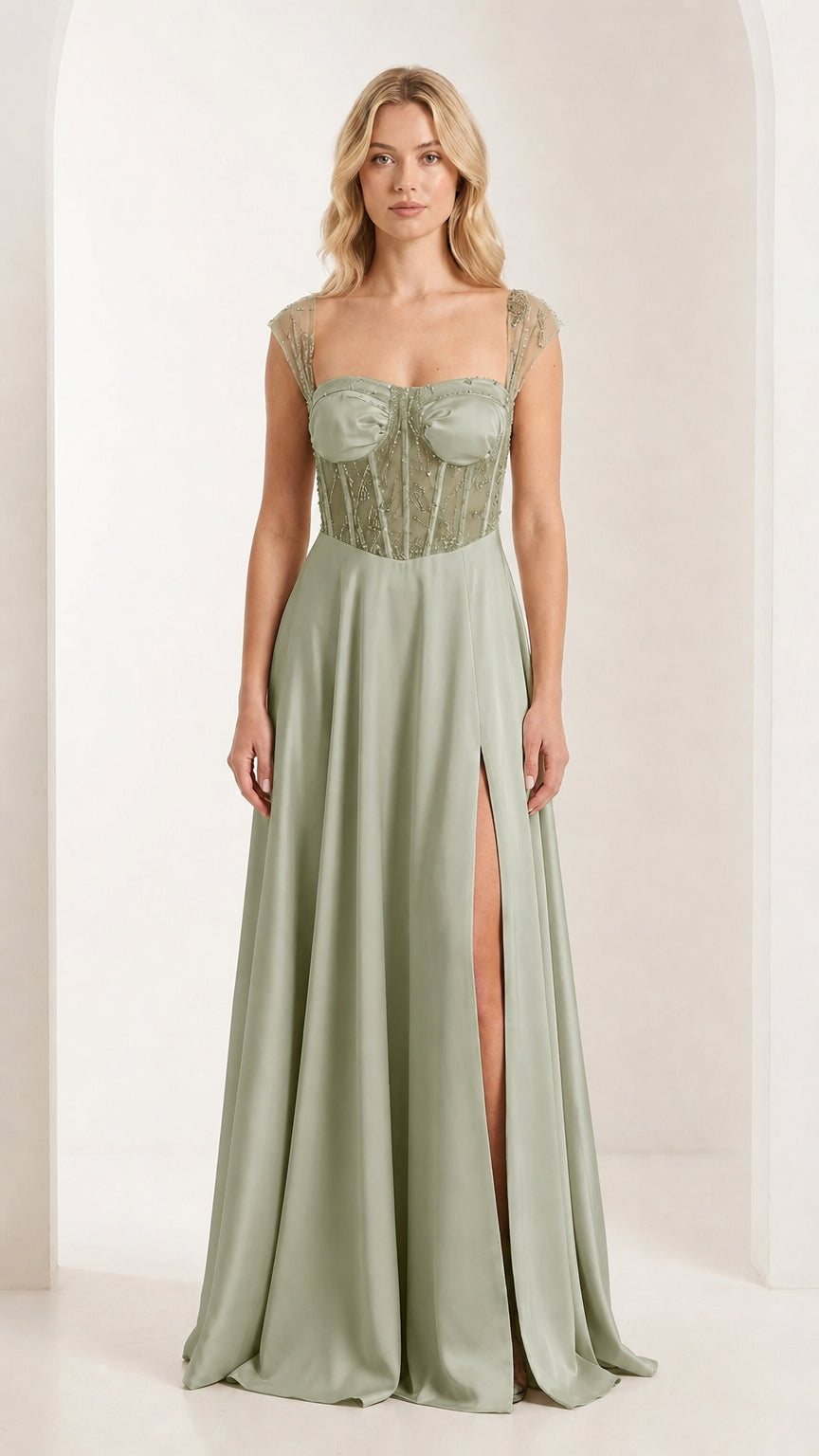 Front view of sage green corset evening gown