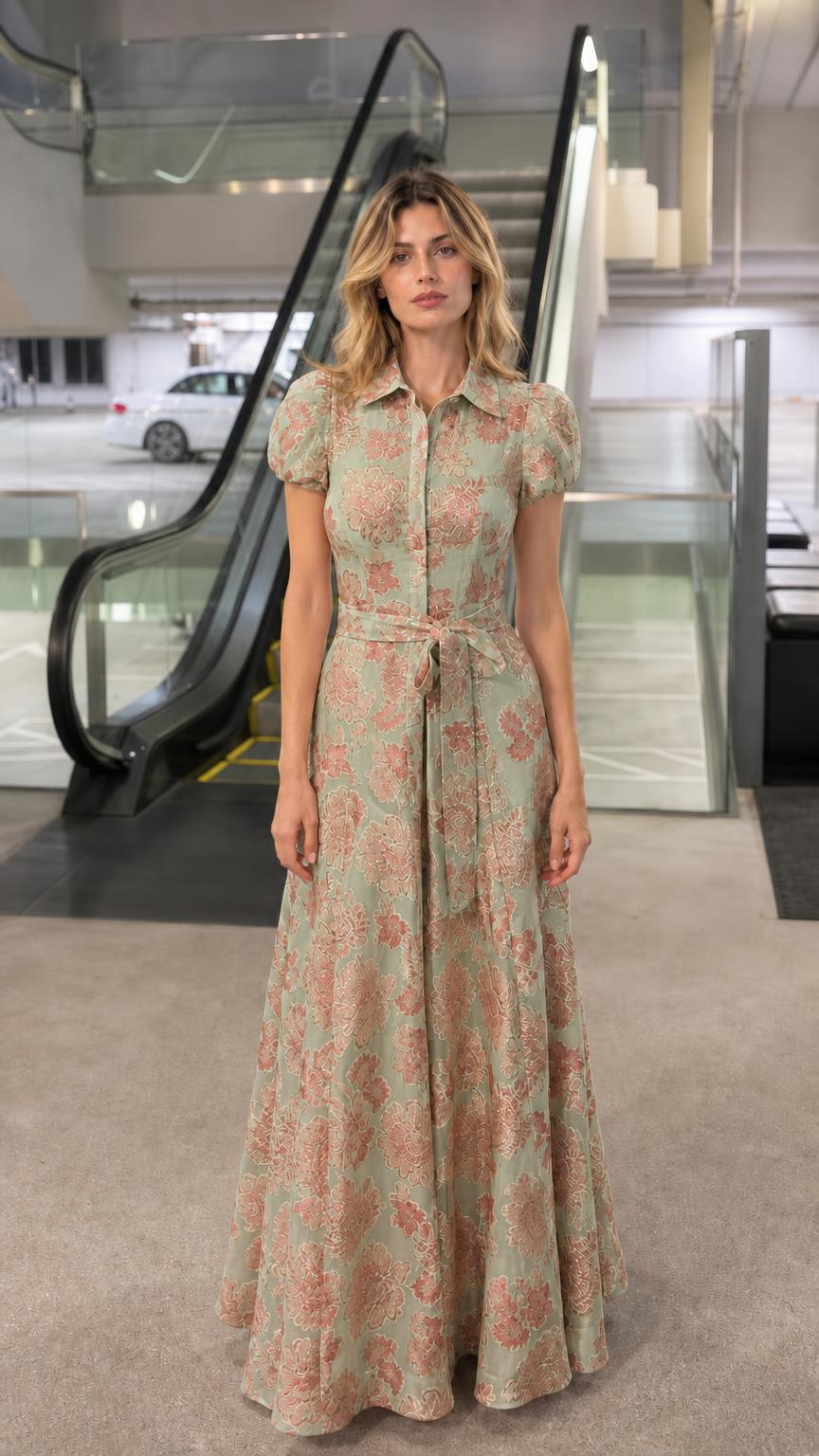 Front view of woman wearing sage green floral jacquard maxi shirt dress