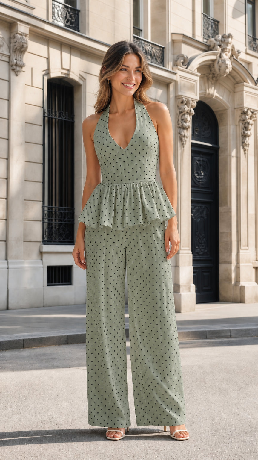 Front view of sage green polka dot halter peplum jumpsuit